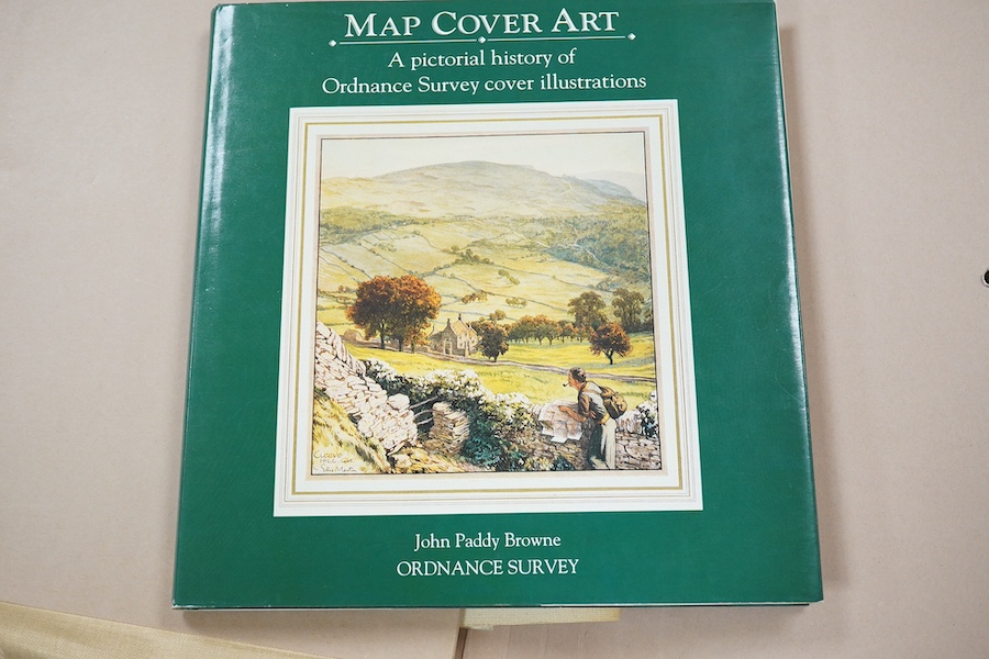 A collection of Ordnance Survey maps, including some early examples laid on canvas, a few ordinance survey related books and guides, an engraved Roman map of Britain dated 1821, and a few other maps. Condition - fair to